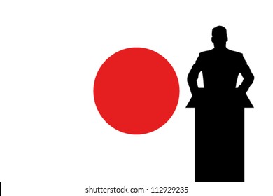 The Japan Flag with a Silhouette of a man giving a speech