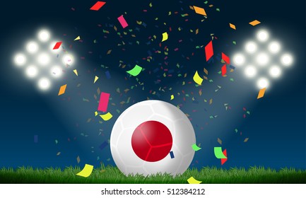 Japan flag in soccer ball with confetti in stadium to celebrate for football match in night time with spot light backdrop, This design for sport template , banner in vector illustration