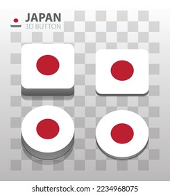 Bandera de Japón. Botón 3d cuadrado y redondeado. Vector