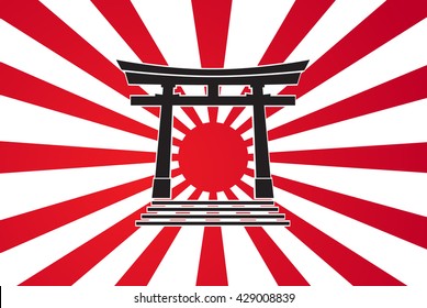 Japan flag as sunrise with japanese gate vector.