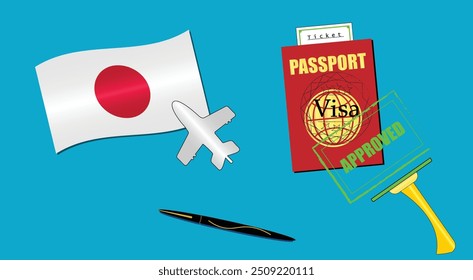 Japan flag with white plane icon. Passport with visa approved stamp. Black stylish Pen. Japanese Travel poster. Editable vector EPS available