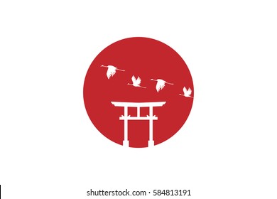 Japan Flag with white Torii Gate and Crane birds on the Big red sun.Vector illustration.
