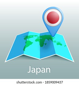 Japan flag world map in pin with name of country