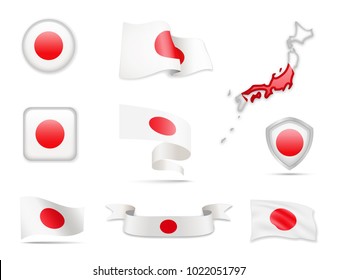 Japan Flags Collection. Flags and contour map. Vector illustration