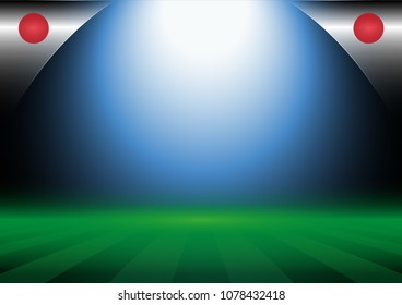 Japan flags on football field with bright stadium lights