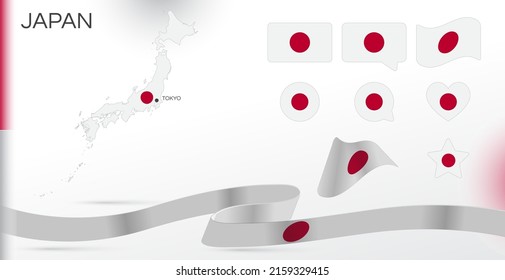 Japan flags set. Various designs. Map and capital city. World flags. Vector set. Circle icon. Template for independence day. Collection of national symbols. Ribbon with colors of the flag. Tokyo