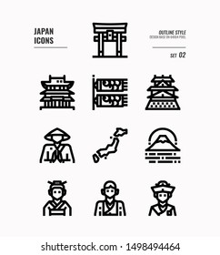 Japan flat icon set 2. Include Traditional costume, people, architecture, landscape, art and more. Outline icons Design. vector illustration