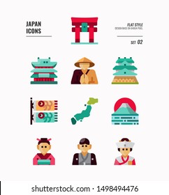 Japan flat icon set 2. Include Traditional costume, people, architecture, landscape, art and more. Flat icons Design. vector illustration