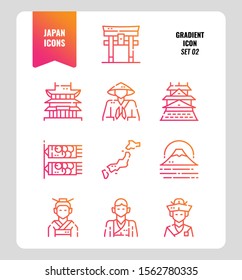Japan flat icon set 2. Include Traditional costume, people, architecture, landscape, art and more. Gradient icons Design.  Vector illustration