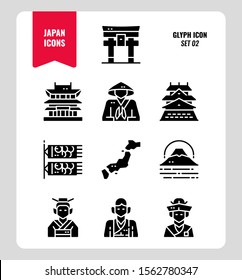 Japan flat icon set 2. Include Traditional costume, people, architecture, landscape, art and more. Glyph icons Design. vector illustration