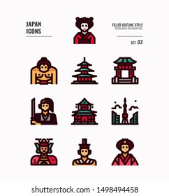 Japan flat icon set 3. Include Traditional costume, people, architecture, building and more. Filled outline icons Design.  vector illustration