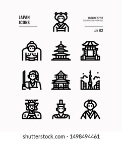 Japan flat icon set 3. Include Traditional costume, people, architecture, building and more. Outline icons Design. vector illustration