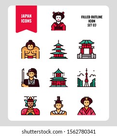 Japan flat icon set 3. Include Traditional costume, people, architecture, building and more. Filled outline icons Design.  vector illustration