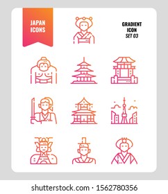 Japan flat icon set 3. Include Traditional costume, people, architecture, building and more. Gradient icons Design.  vector illustration