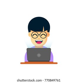 Japan flat programmer with laptop and eyeglasses, vector cartoon illustration isolated on white background