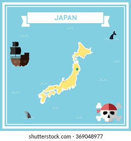 Japan flat treasure map. Colorful cartoon treasure map of Japan with flat icons of pirate ship, jolly roger, treasure chest and banner ribbon. Flat design vector illustration.