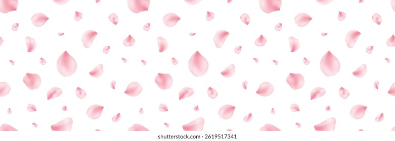 Japan flower long seamless pattern. Spring cherry blossom frame. Sakura petal flying banner. Cosmetic beauty product. Natural decoration. Pink rose. Spa frame. Valentine card. Vector illustration.