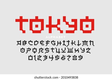 Japan fonPixel Japanese style Latin font design, alphabet letters and numbers vector illustrationt