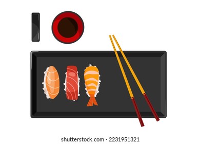 Japan food. Asian square plate and sushi with rice ball and shrimp, salmon, tuna, Soy sauce bowl. Table layout. Traditional japanese utensils for sushi. Colorful Flat vector top view illustration.