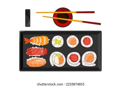 La comida japonesa. Platos cuadrados asiáticos, panecillos y sushi con camarón, salmón, atún, aguacate, tazón de salsa de soja. Diseño de tabla. Utensilios tradicionales japoneses para sushi. Ilustración de la parte superior del vector plano colorido