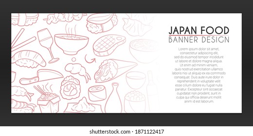 Japan Food Banner Doodles. Japanese Background Hand drawn. Restaurant Sushi illustration. Sea Vector Horizontal Design.