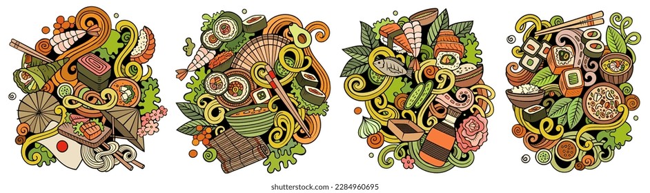 Japan food cartoon vector doodle designs set. Colorful detailed compositions with lot of Japanese cuisine objects and symbols. Isolated on white illustrations