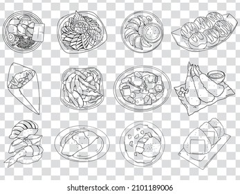 Japan Food Cuisine collection set hand drawn. Doodle Vector style symbols and objects.