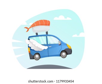 Japan food delivery. take away vector  sushi Delivery fast truck with wings flying over the road. fast delivery pizza. red car. van cartoon style with sky and clouds  background. colorful illustration