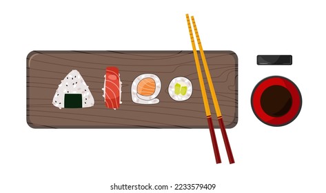 La comida japonesa. Sushi y rollos diferentes en bandeja de geta, salsa de soja, palillos de bambú. Diseño de tabla. Utensilios tradicionales japoneses para sushi. Ilustración de la parte superior del vector plano colorido