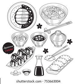 Japan food doodle elements hand drawn style. Vector Illustrations.