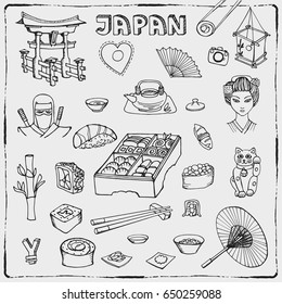 Japan food elements.doodle elements.Vintage  sushi,rolls set.Japanese  Vector hand drawn icon, illustration background.Traditional souvenirs from Japan. Travel japan doodle vector