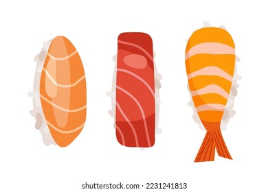 Japan food. Fresh sushi set isolated on white background. Asian sushi with rice ball and shrimp, salmon, tuna. Vector flat illustration For menu, recipe, cafe, restaurant. Japanese food.