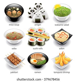 Japan food icons detailed photo realistic vector set