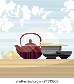 japan food. Kettle, bowl, plate. tea ceremony. Japanese restaurant. asia food still-life vector illustration
