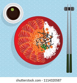 Japan food on top view. Sashimi salmon, Caviar, sesame, seaweed and rice. vector illustration