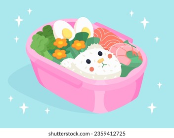 Japan food in pink container concept. Rice with seafood and vegetables. Healthy food, natural and organic products. Japanese and korean cuisine. Cartoon flat vector illustration