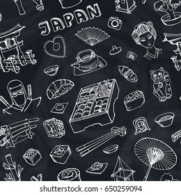 Japan food seamless pattern doodle background.Vintage  sushi,rolls set.Japanese  hand drawn Vector  illustration .Traditional Travel japan set.Chalkboard