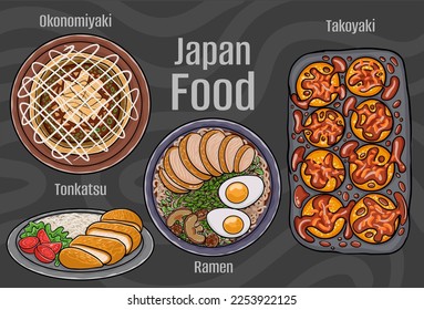 Japan food. A set of classic dishes. Cartoon hand drawn illustration.