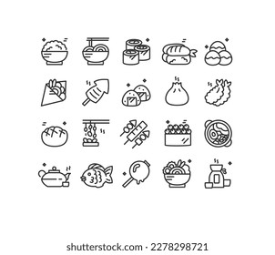 Japan Food Sign Black Thin Line Icon Set Include of Noodle, Sake and Tempura. Vector illustration of Icons