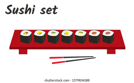 Japan food sushi roll set - flat vector illustrations.