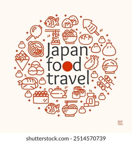 Anuncio de icono de línea delgada de Plantilla de diseño redondo de signo de viaje de comida de Japón. Ilustración vectorial de restaurante japonés