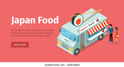 Japan food truck isometric projection style design icon. Street fast food concept. Food trolley with sushi and stickers on top. Isolated on red background. Chinese mobile shop. Vector illustration