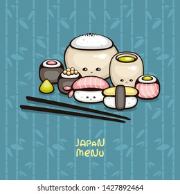 Japan food vector illustration. Cute sushi and rolls on bamboo background. Template for menu cover and sushi bar decoration.