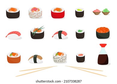 Alimentos japoneses - ilustraciones vectoriales. Iconos de sushi. Colorido conjunto de sushi de diferentes tipos de palillos y tazones con jengibre de soja de wasabi aislado.