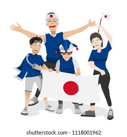 Japan football fans. Cheerful soccer fans, supporters crowd and Japan flag.