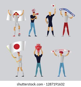 Japan football fans. Cheerful soccer supporters crowd. vector illustration.