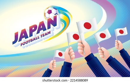 Japan Football Team Celebration with National Flag of Japan