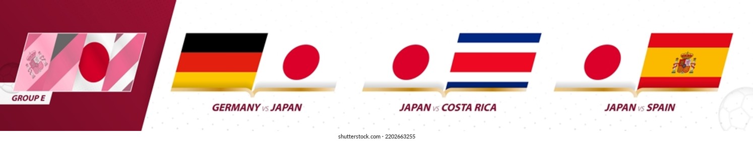 Japan football team games in group E of International football tournament 2022. Sport vector icon set.