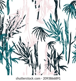 Japan forest with bamboo branches. Nature white  seamless pattern. Vector illustration.