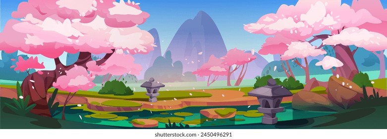 Japanische Wald mit Teich und Blumengarten im Frühling Cartoon Hintergrund. Japanische Berglandschaft und Kirschblütenszene. Outdoor Sakura Umgebung mit Sumpf in März Kunst Zeichnung Illustration